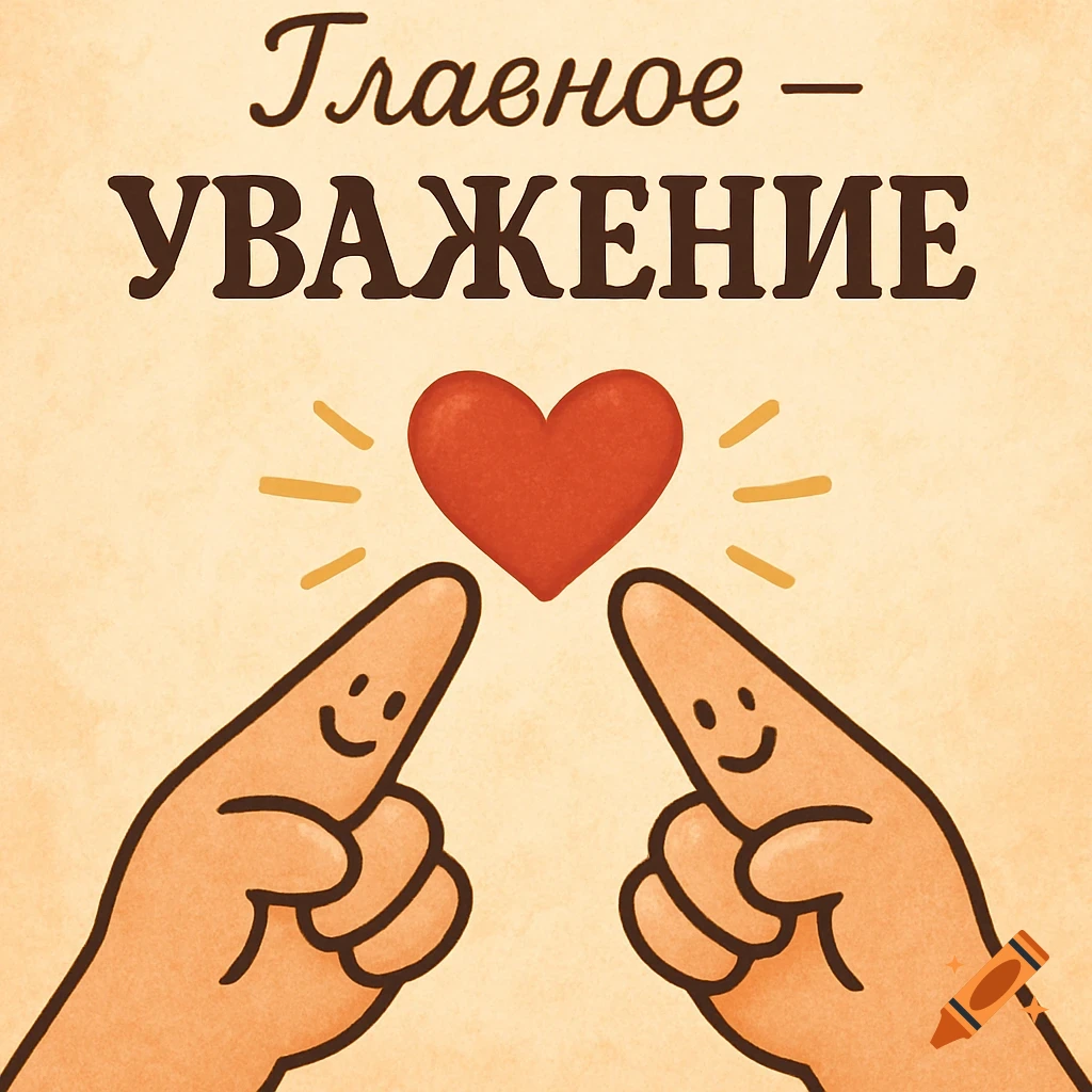 A cartoon illustration of two fingers with smiling faces pointing upwards at a glowing red heart, with the Russian text 'Главное \u2013 УВАЖЕНИЕ' (The main thing is RESPECT) above.