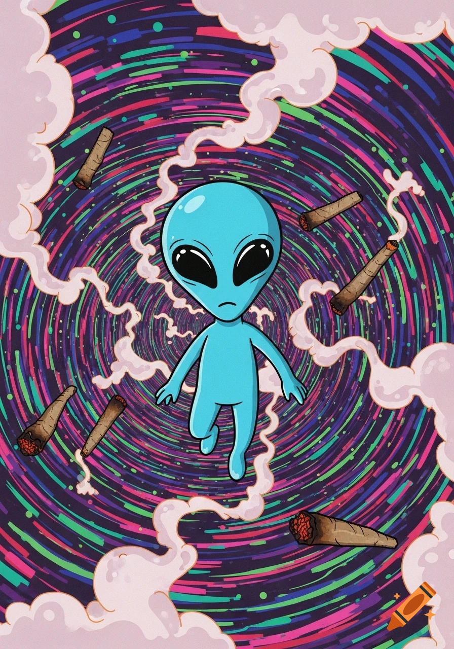 A blue cartoon alien floats in a swirling psychedelic tunnel with neon colors, surrounded by orbiting, smoking joints.