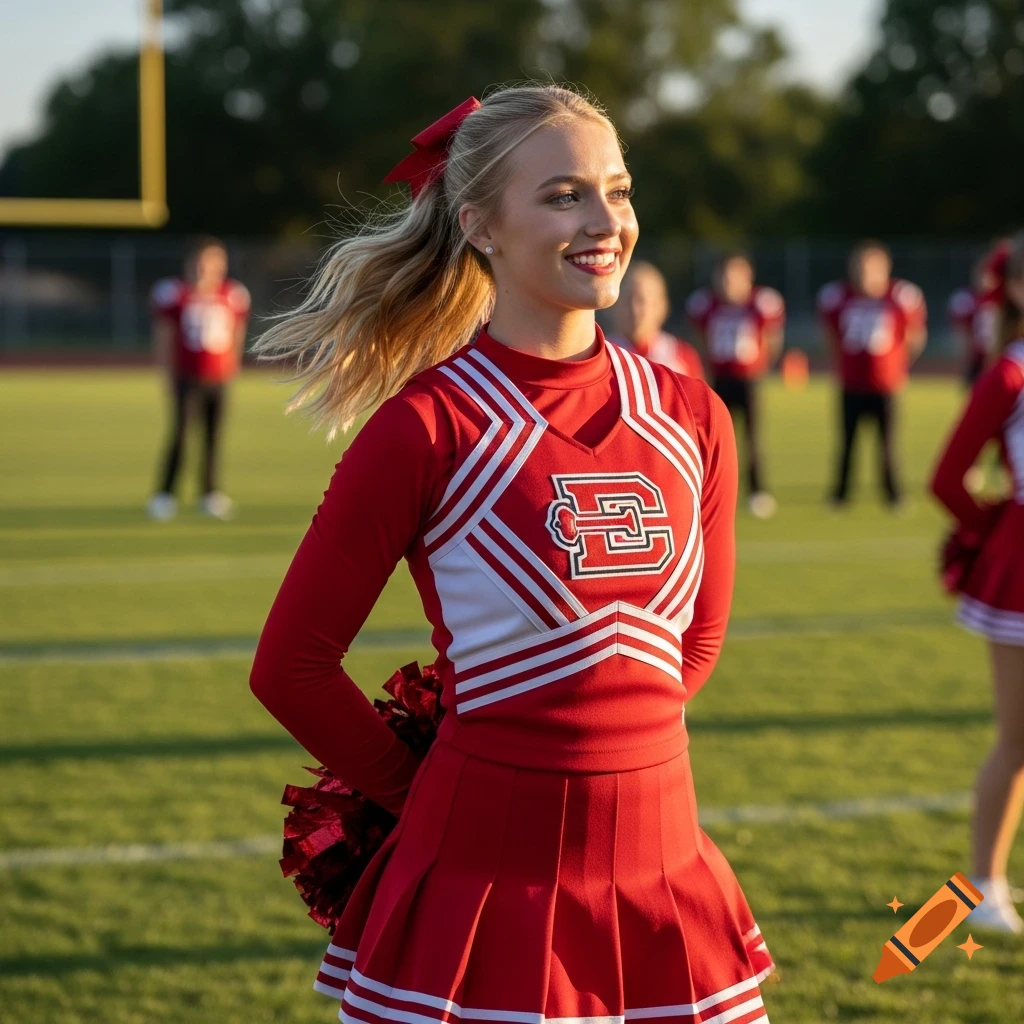 A smiling blonde cheerleader in a red uniform with a red bow and pom-pom stands on a football field, looking right.