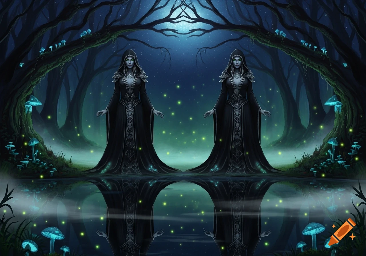 Two hooded witch queens with glowing eyes stand symmetrically by a dark, reflective pool in a mystical, glowing forest with bioluminescent mushrooms under a starry sky.