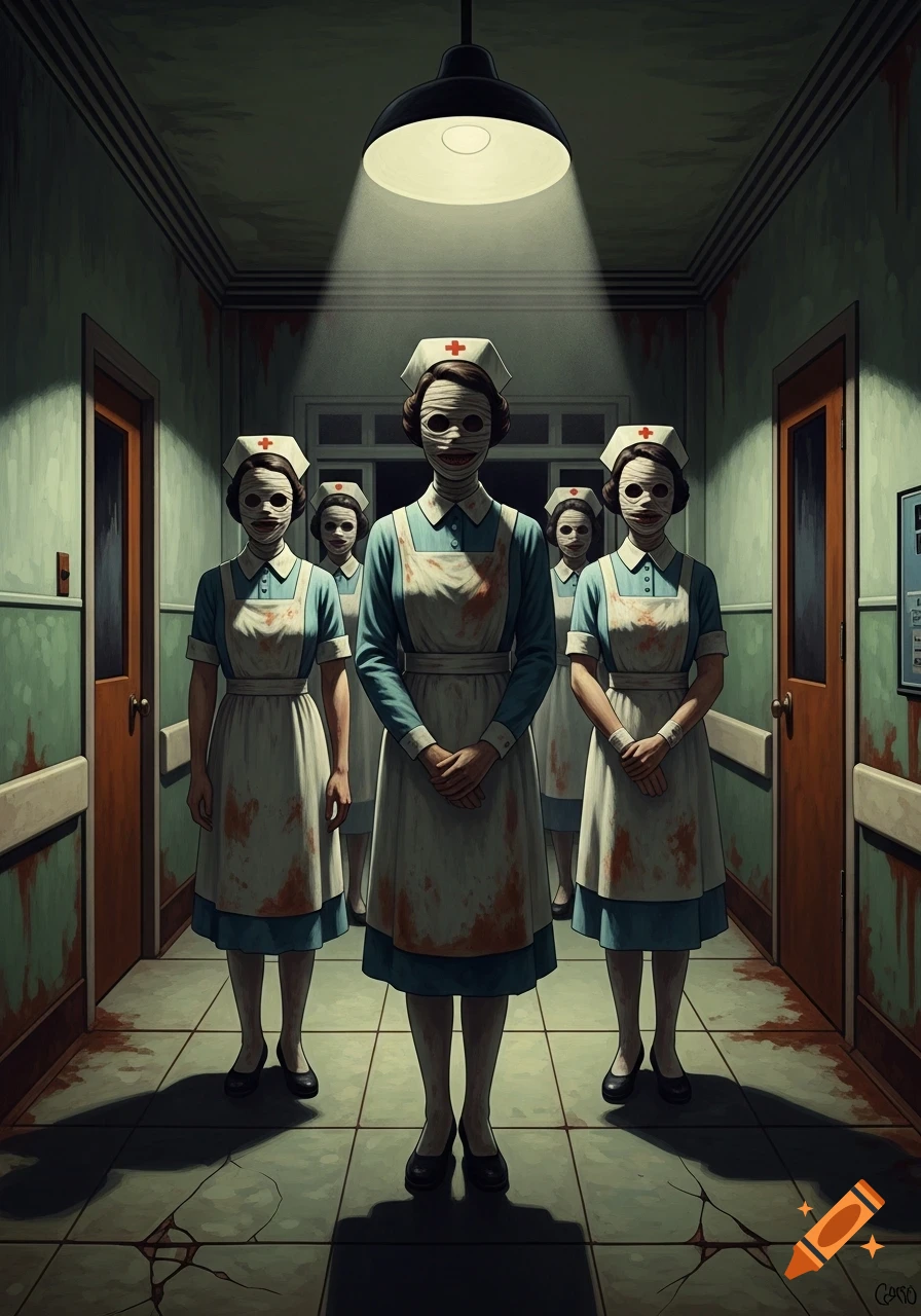 Creepy bandaged nurses with blood-stained aprons stand in a dark, ominous hospital hallway, lit by an overhead lamp.