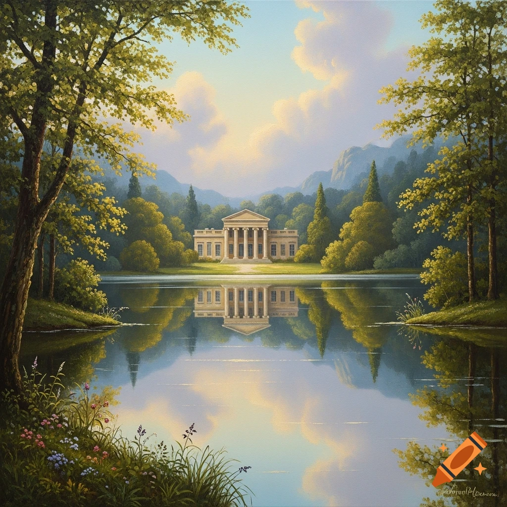 An oil painting of a classical building with columns nestled in a forest, reflected in a serene lake under a bright sky.