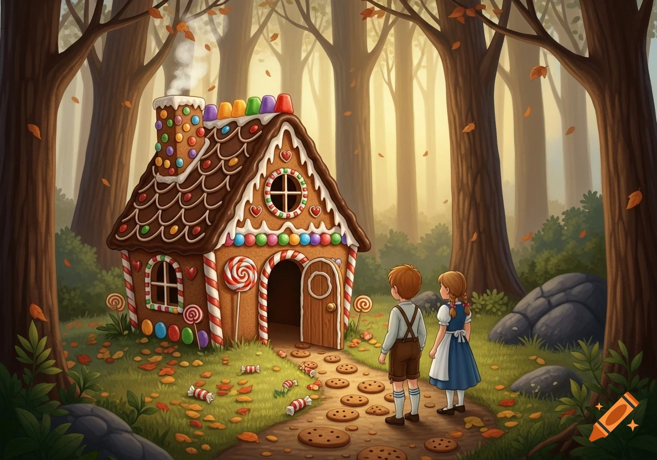 Two children gaze at a colorful, candy-decorated gingerbread house in an enchanted forest, with cookies on the path, in a whimsical illustration.