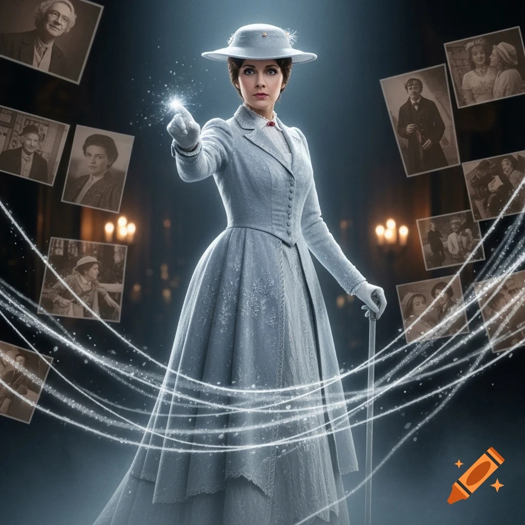 A woman in a grey dress and hat, resembling Mary Poppins, holds a glowing wand and cane amidst floating old photographs and sparkling light streams.