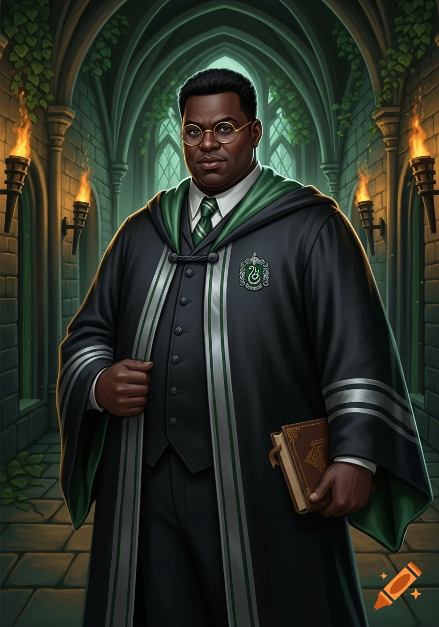 Illustrated portrait of a Black man in Slytherin robes, glasses, and holding a book, standing in a gothic stone hall with torches.