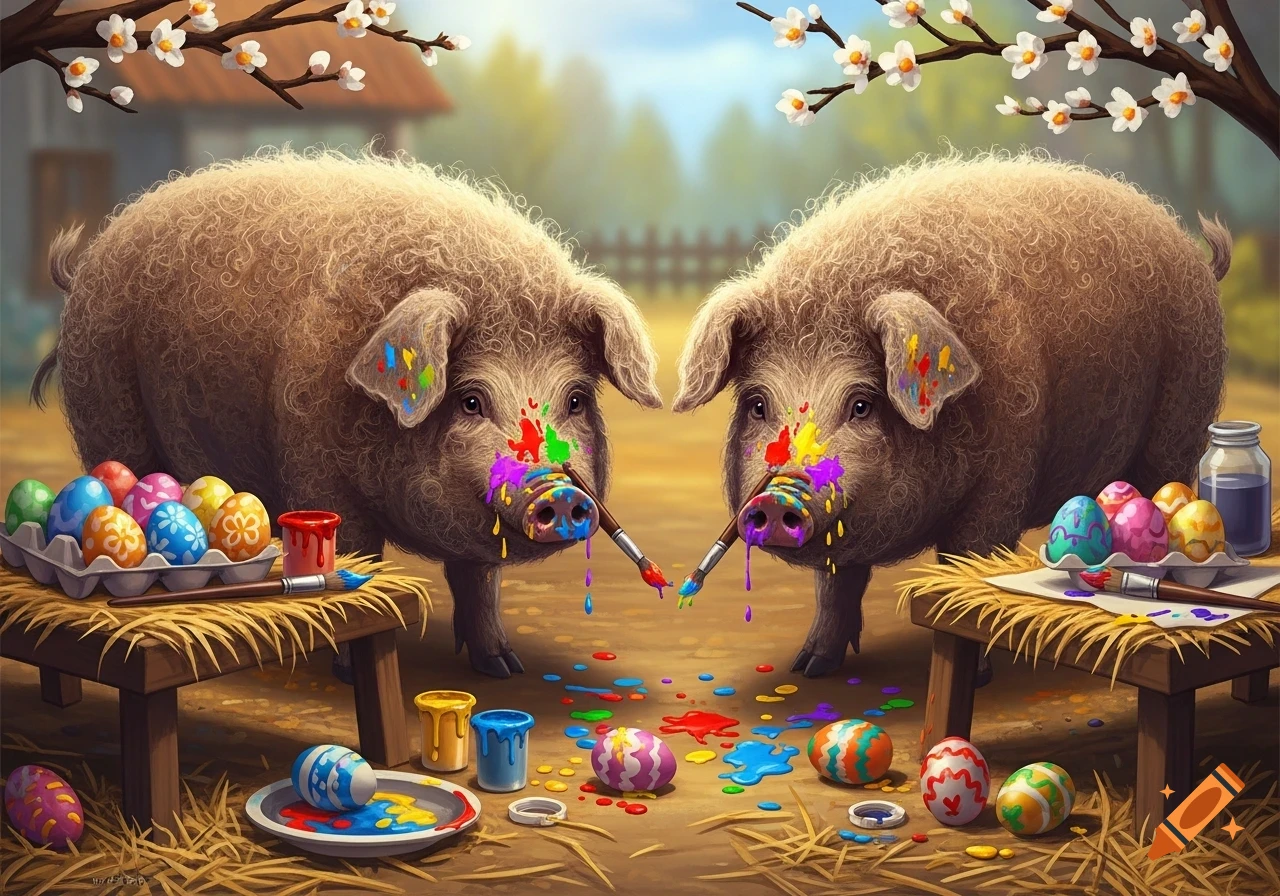 Two fluffy pigs with colorful paint on their snouts and ears paint Easter eggs on hay-covered tables under flowering branches.