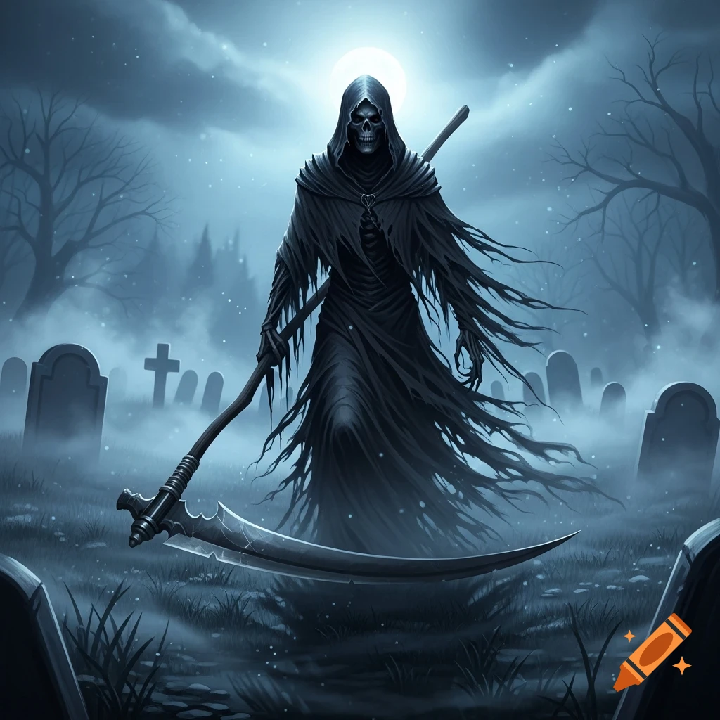 The Grim Reaper, a skeletal figure in a tattered black cloak, stands with a large scythe in a misty graveyard under a full moon.