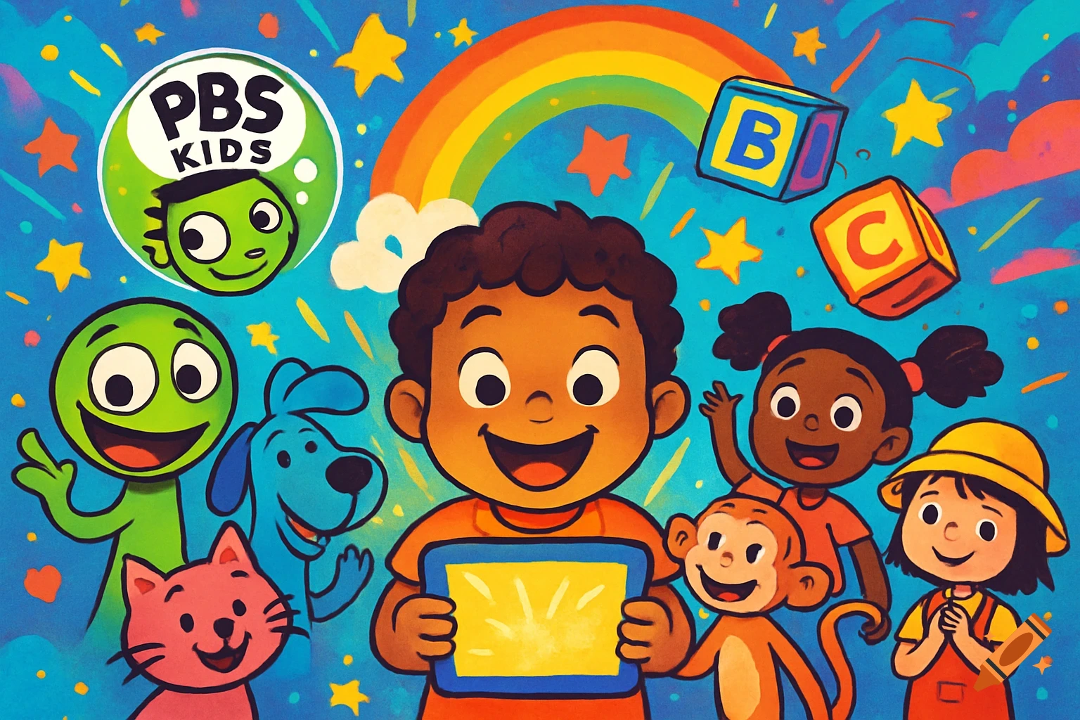 A vibrant cartoon illustration featuring diverse children, animals, and PBS Kids characters under a rainbow with stars and letter blocks.