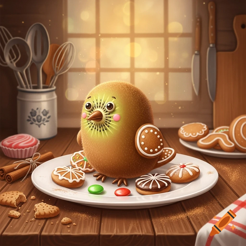 A cute, fluffy kiwi bird with a kiwi slice face and gingerbread wings sits on a plate with cookies in a cozy kitchen.