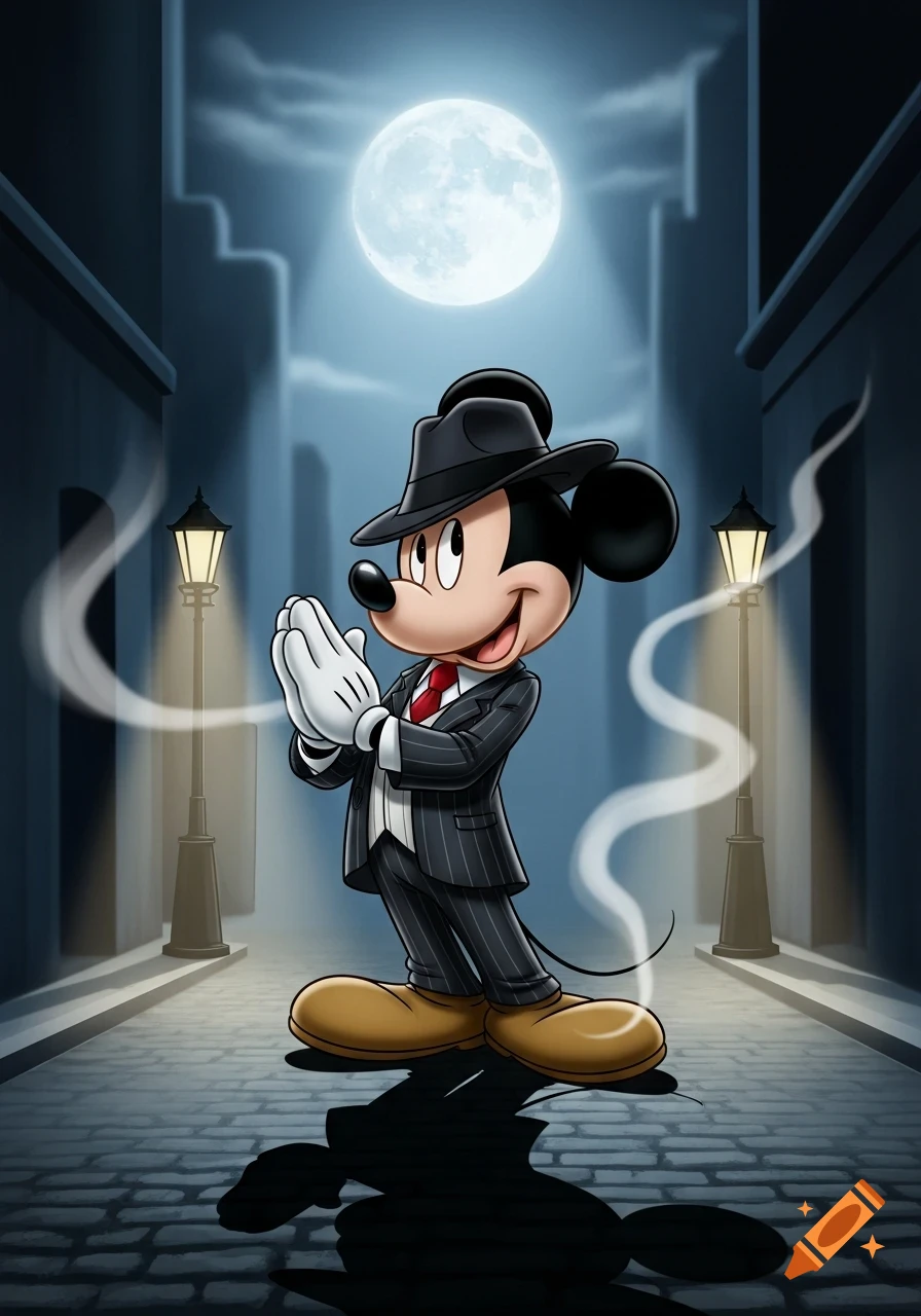 Cartoon illustration of gangster Mickey Mouse in a pinstripe suit and fedora, hands clasped, in a dark alley under a full moon.