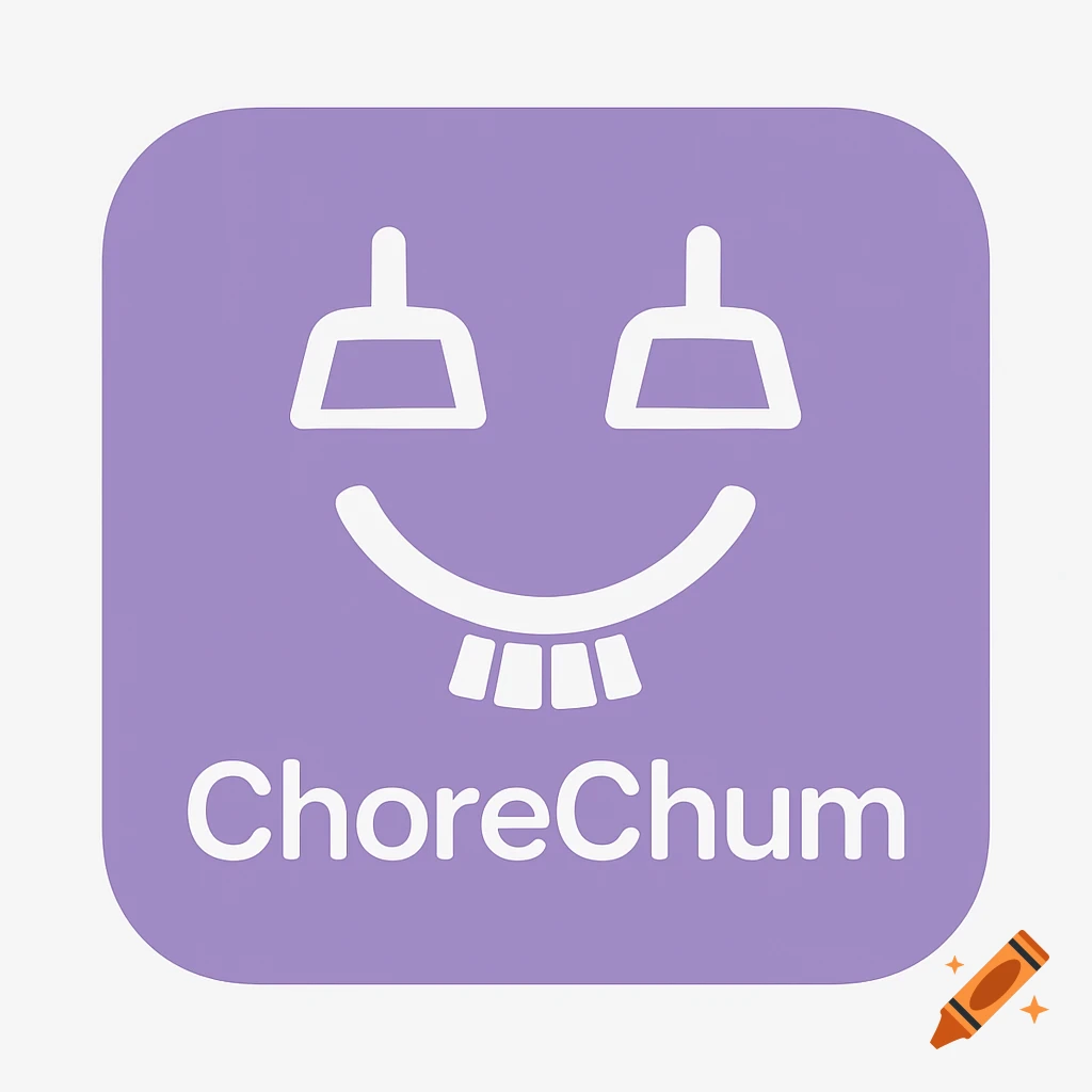 A purple app logo with a white smiley face icon made of cleaning tools and 'ChoreChum' text.