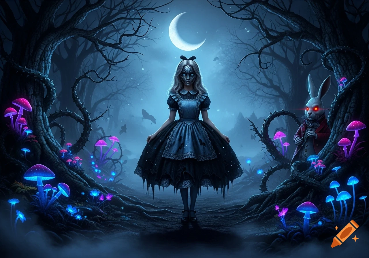A dark Alice in Wonderland stands in a twisted, glowing mushroom forest under a crescent moon, with a red-eyed white rabbit.