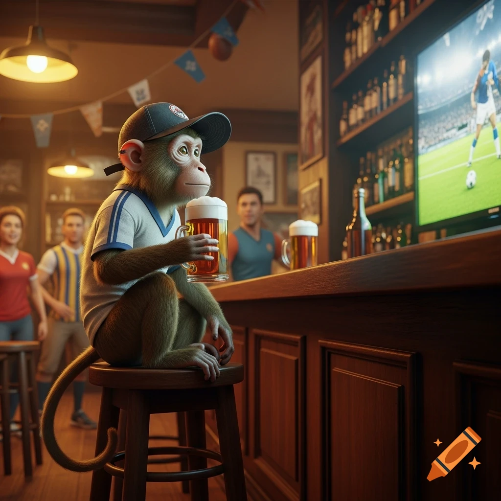 Photorealistic monkey in a baseball cap sits on a bar stool, holding beer, watching soccer on TV in a pub.