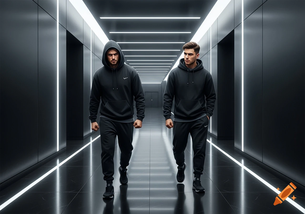 Two men in black hoodies and joggers walk towards each other in a futuristic, dimly lit hallway with glowing white lines.