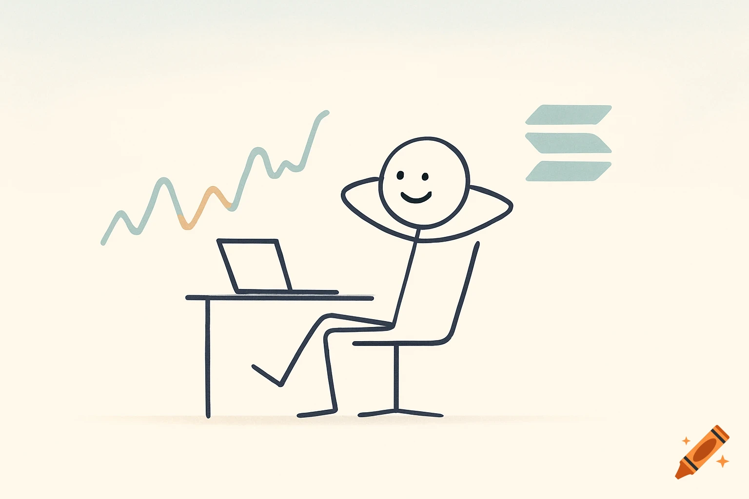 A minimalist stick figure sits relaxed at a desk with a laptop, next to an upward-trending graph and a Solana logo.
