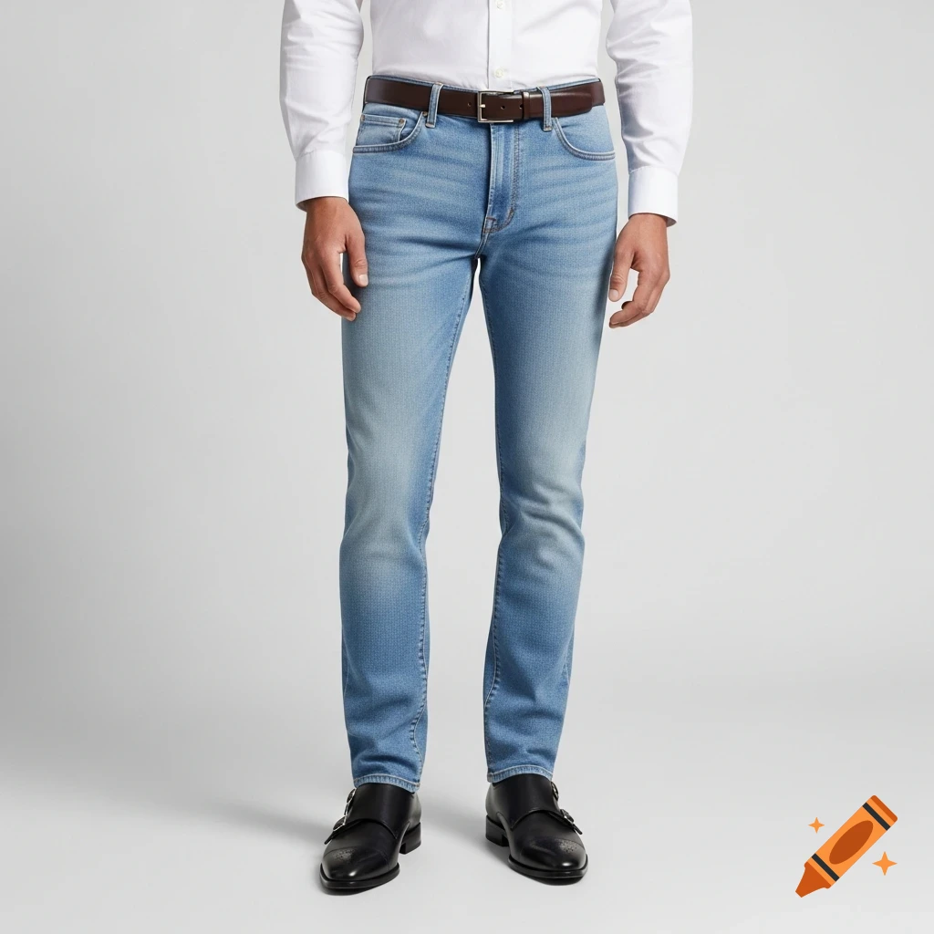 A man wearing light blue jeans, a white dress shirt, a brown leather belt, and black double monk strap shoes against a neutral background.