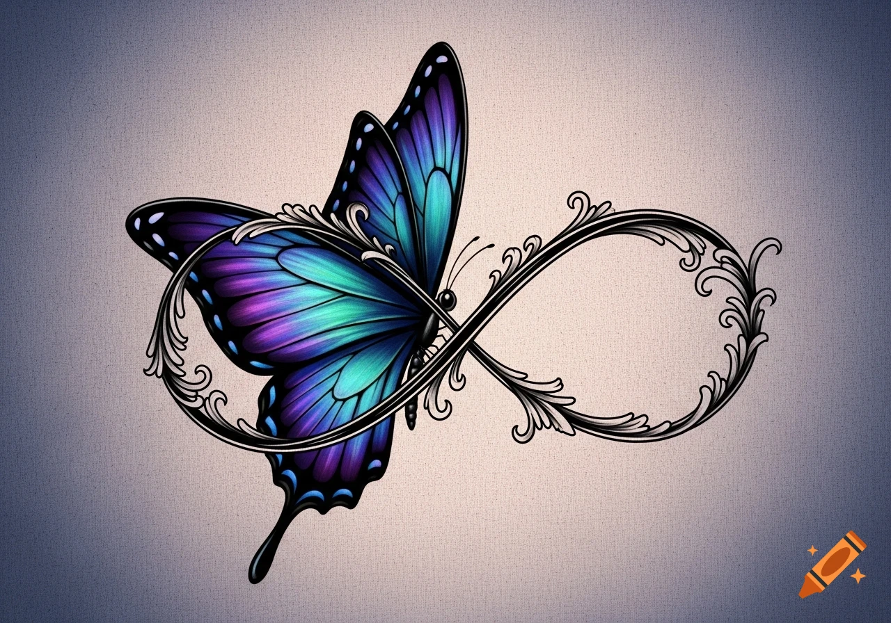 A vibrant blue and purple butterfly intertwined with a black filigree infinity symbol, designed in a tattoo art style.