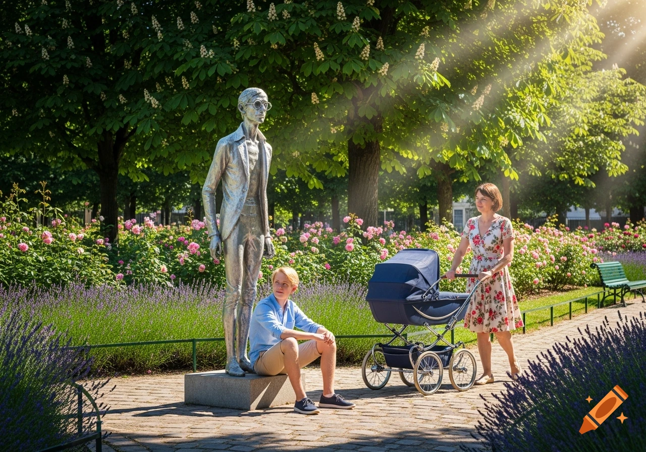 A blond teen boy sits by a metallic statue of a man with glasses in a park, while a woman pushes a blue pram nearby.
