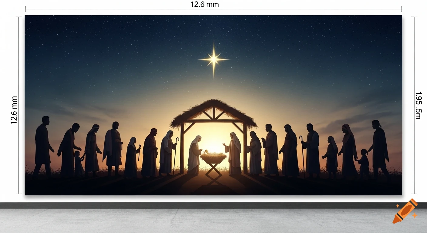 A silhouette of the Nativity scene at sunset, with a bright star above the stable where figures gather around baby Jesus.