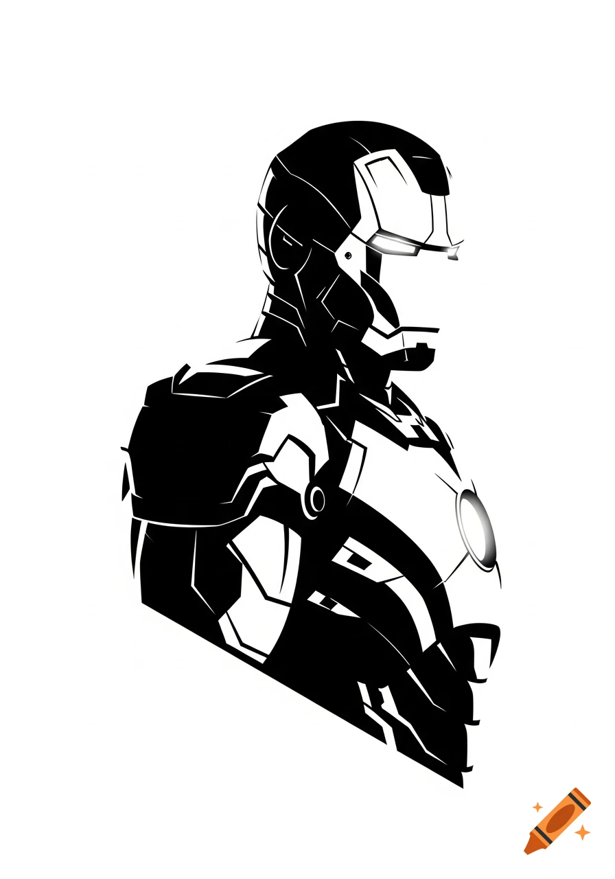 Black and white minimalist silhouette of Iron Man from the chest up.