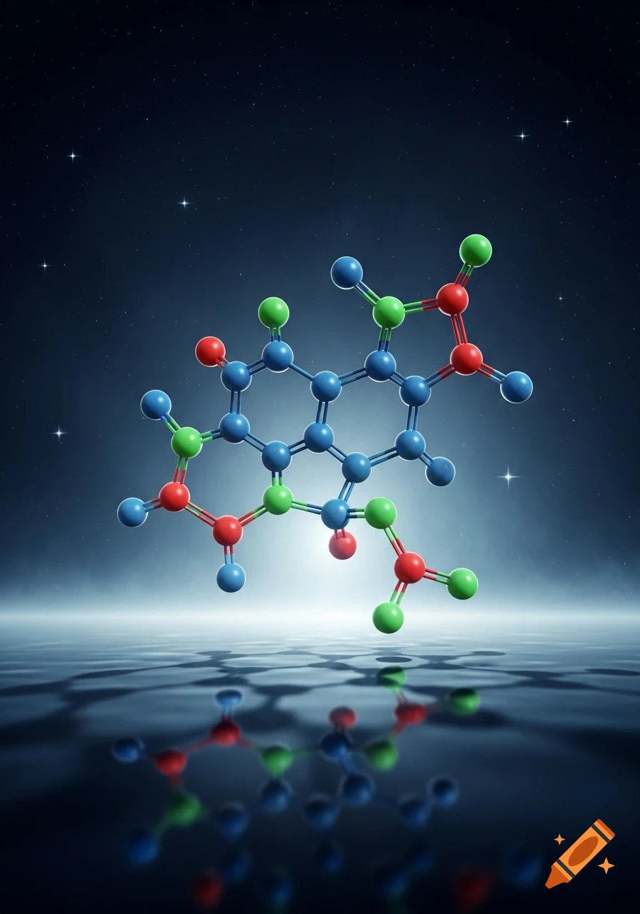 A vibrant 3D rendering of a molecule with blue, red, and green spheres, reflected on a shiny surface under a starry dark blue sky.