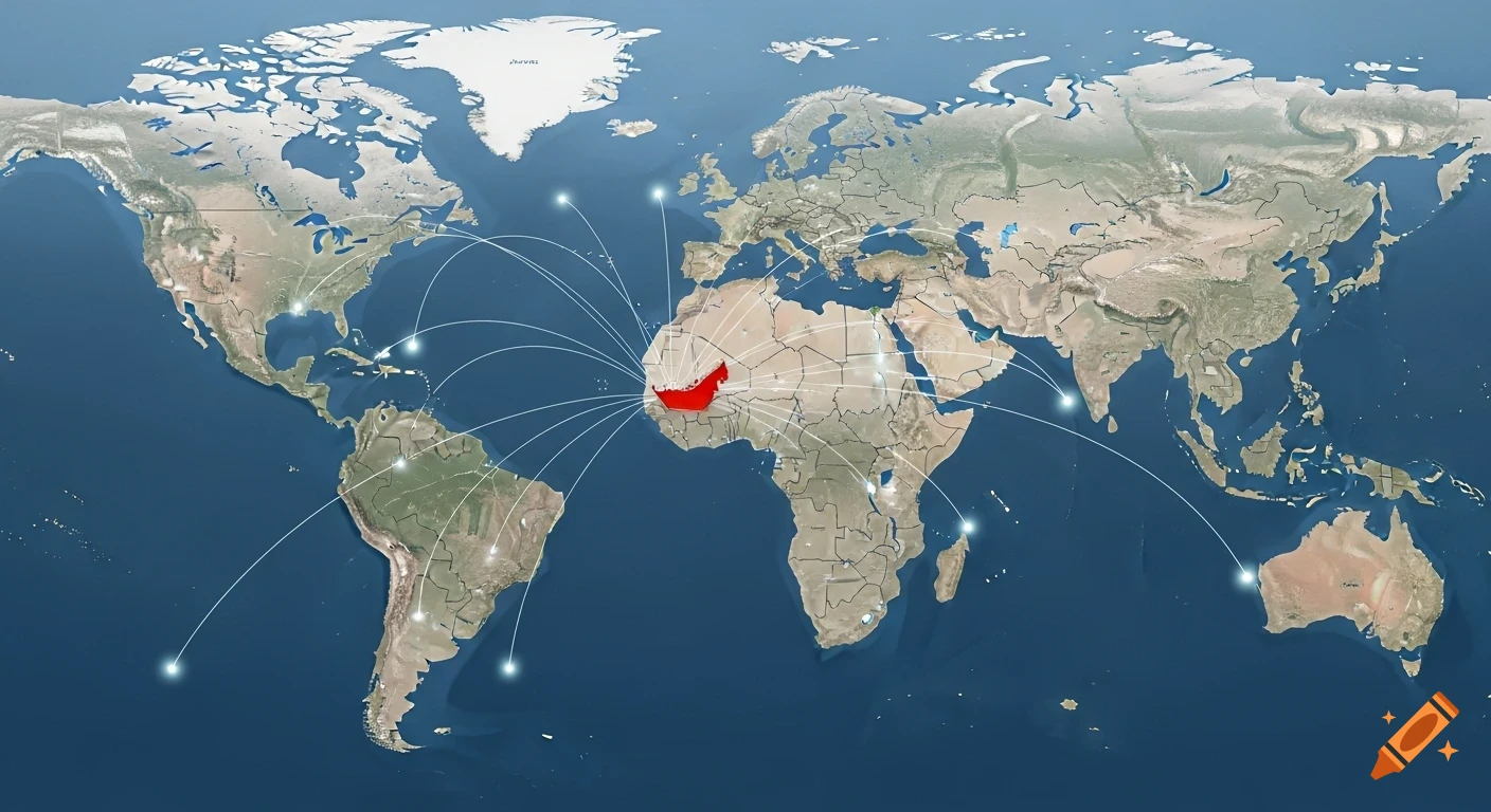 A world map with the UAE highlighted in red, showing white lines connecting it to other continents, symbolizing global reach.