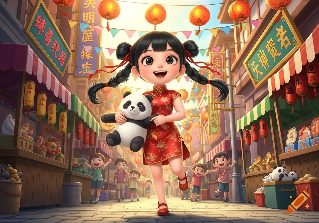 A happy cartoon Chinese girl in a cheongsam runs through a vibrant marketplace, holding a plush panda, surrounded by other children and lanterns.