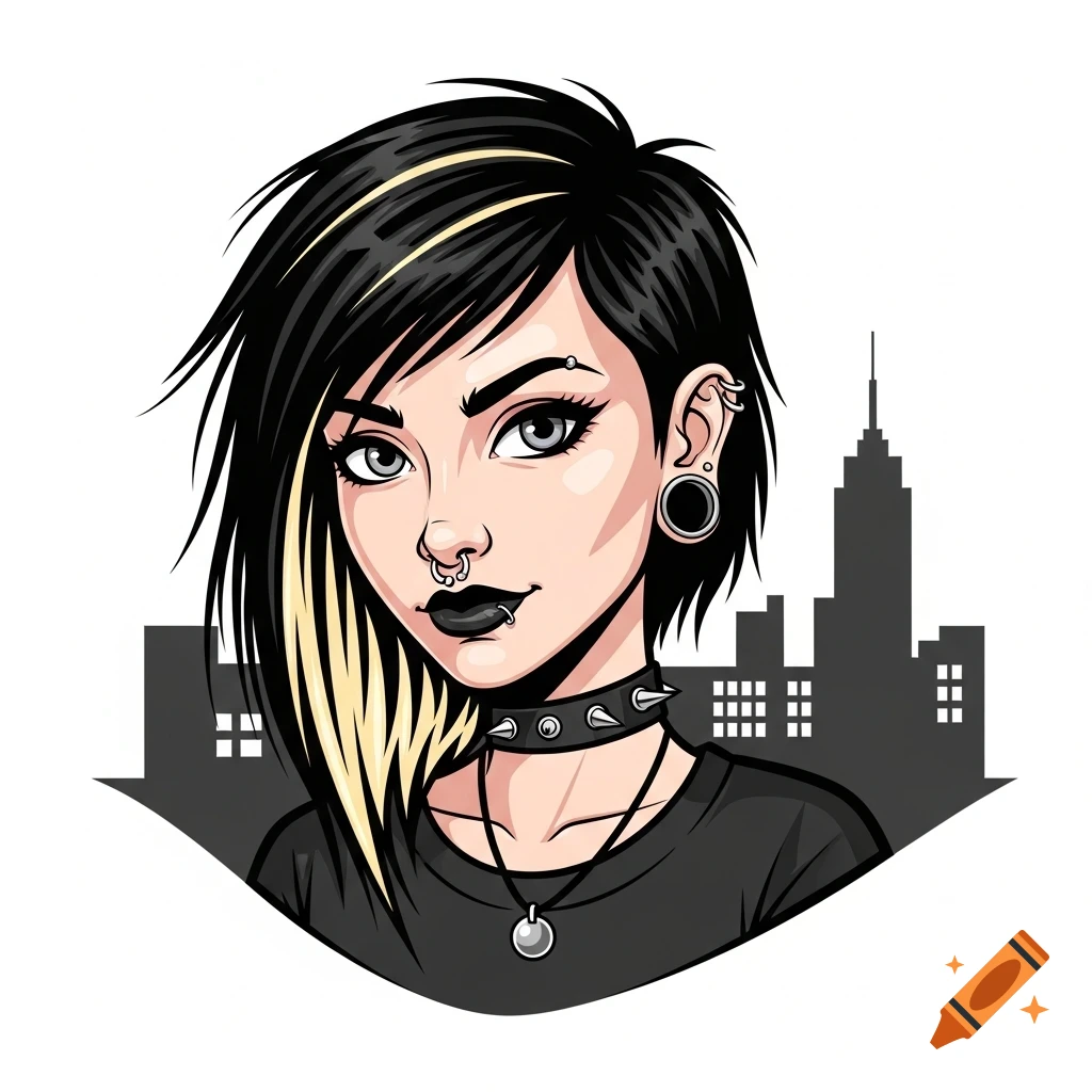 Cartoon alt girl with black hair, blonde streaks, piercings, and spiked choker against a city silhouette.