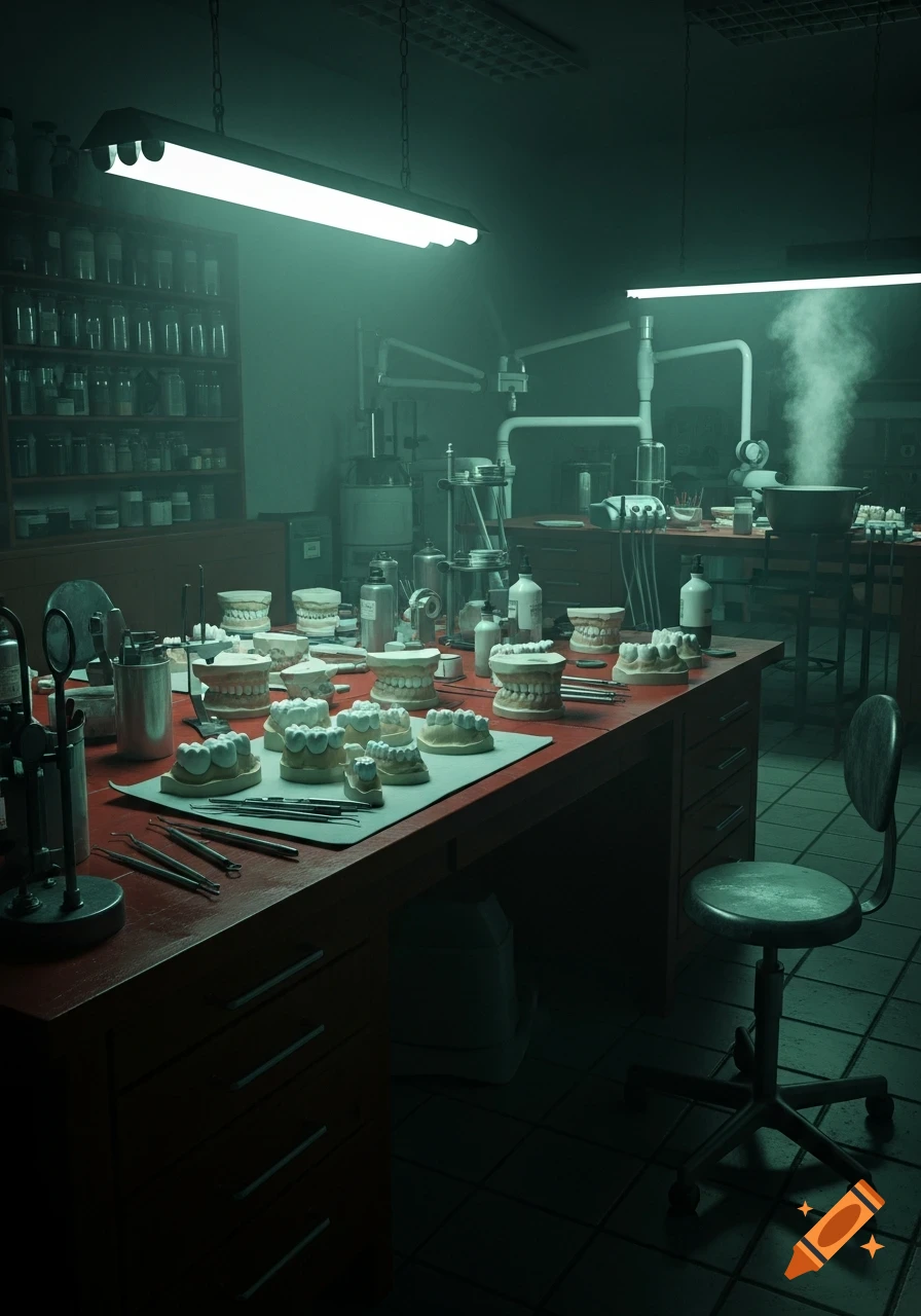 A dimly lit, creepy dental lab with numerous plaster tooth models on a red workbench and scientific equipment.