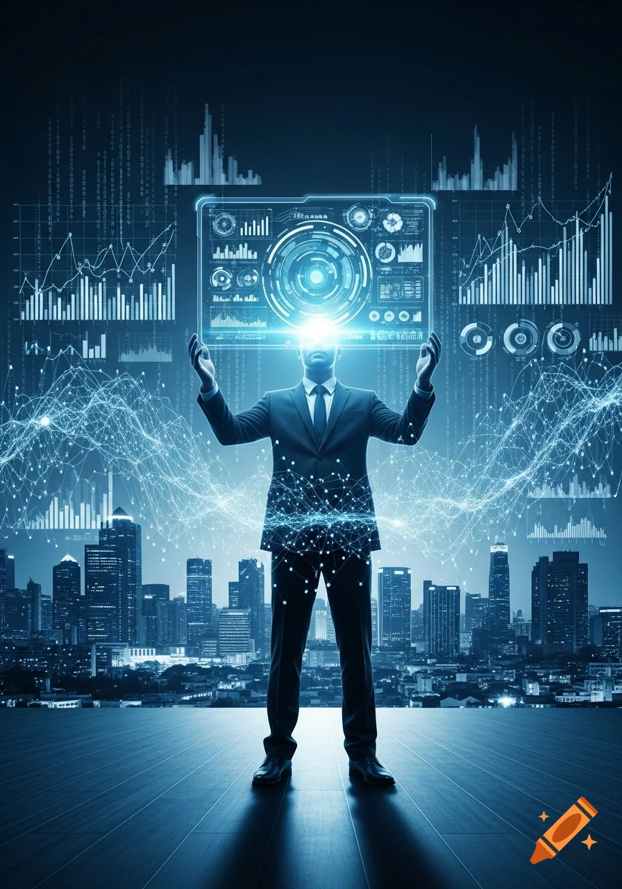 Photorealistic image of a businessman surrounded by glowing digital data, charts, and a holographic interface over a futuristic cityscape.