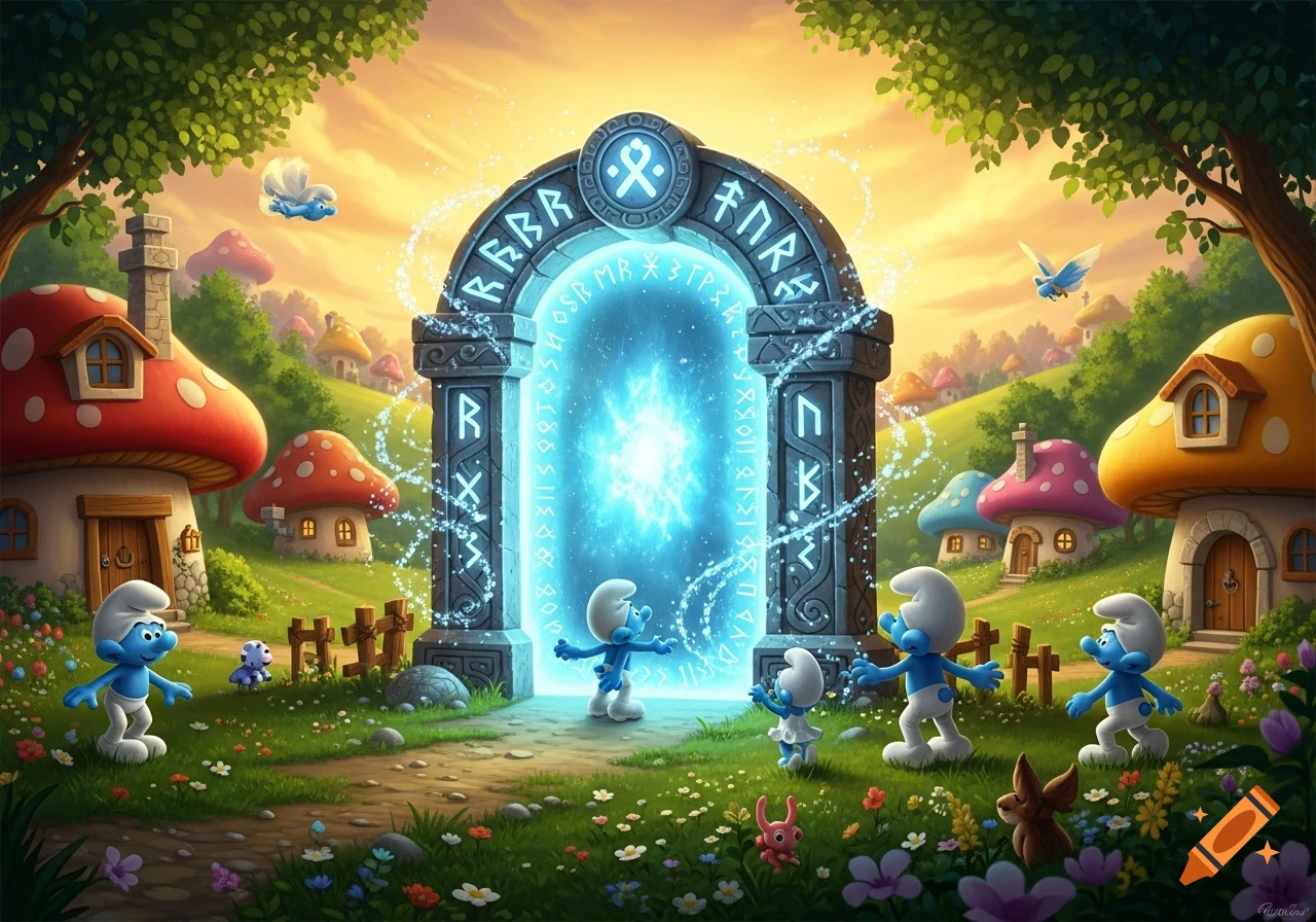 A group of Smurfs gather around a glowing blue portal archway covered in runes in a vibrant, cartoonish mushroom village at sunset.
