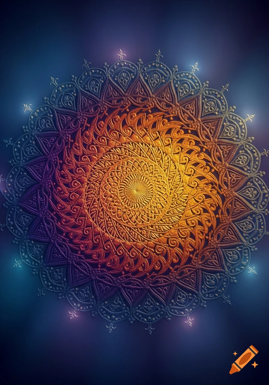 A vibrant, intricate mandala design with a gradient from orange to blue and purple, featuring delicate embossed patterns and a glowing effect.