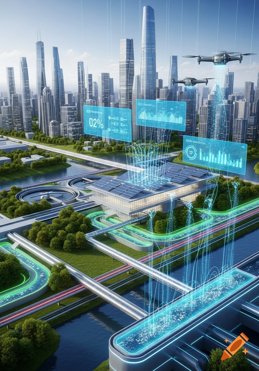 Aerial view of a futuristic smart city with tall skyscrapers, a complex water management system, solar panels, and drones interacting with holographic data displays.