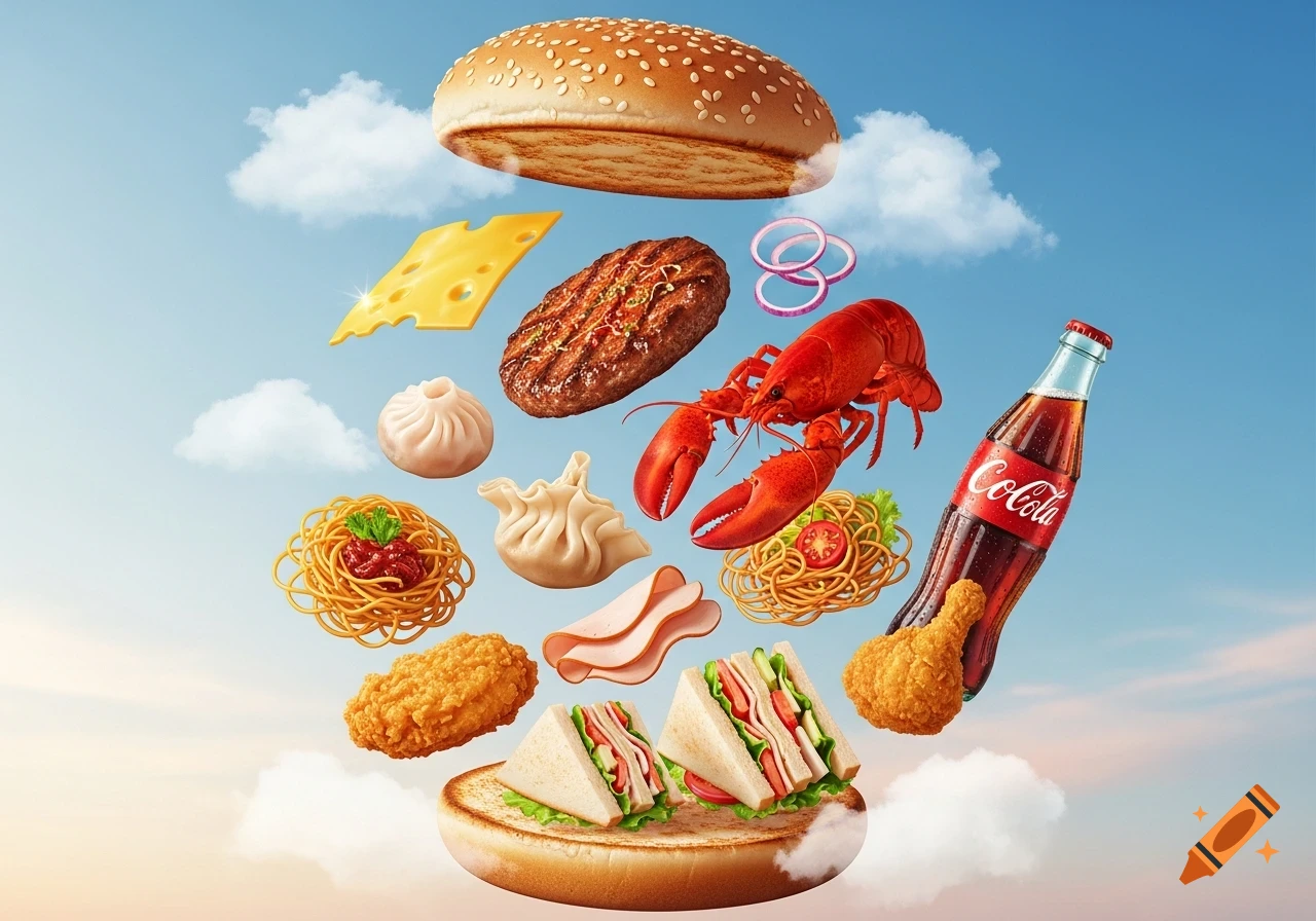 Various food items including a hamburger bun, cheese, beef patty, onion rings, lobster, dumplings, noodles, fried chicken, sandwiches, and a 'Colcola' bottle float against a blue sky with clouds.