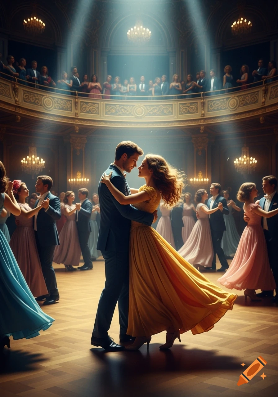 A man and woman dance intimately in a grand ballroom, bathed in spotlights, surrounded by other couples and onlookers on a balcony.