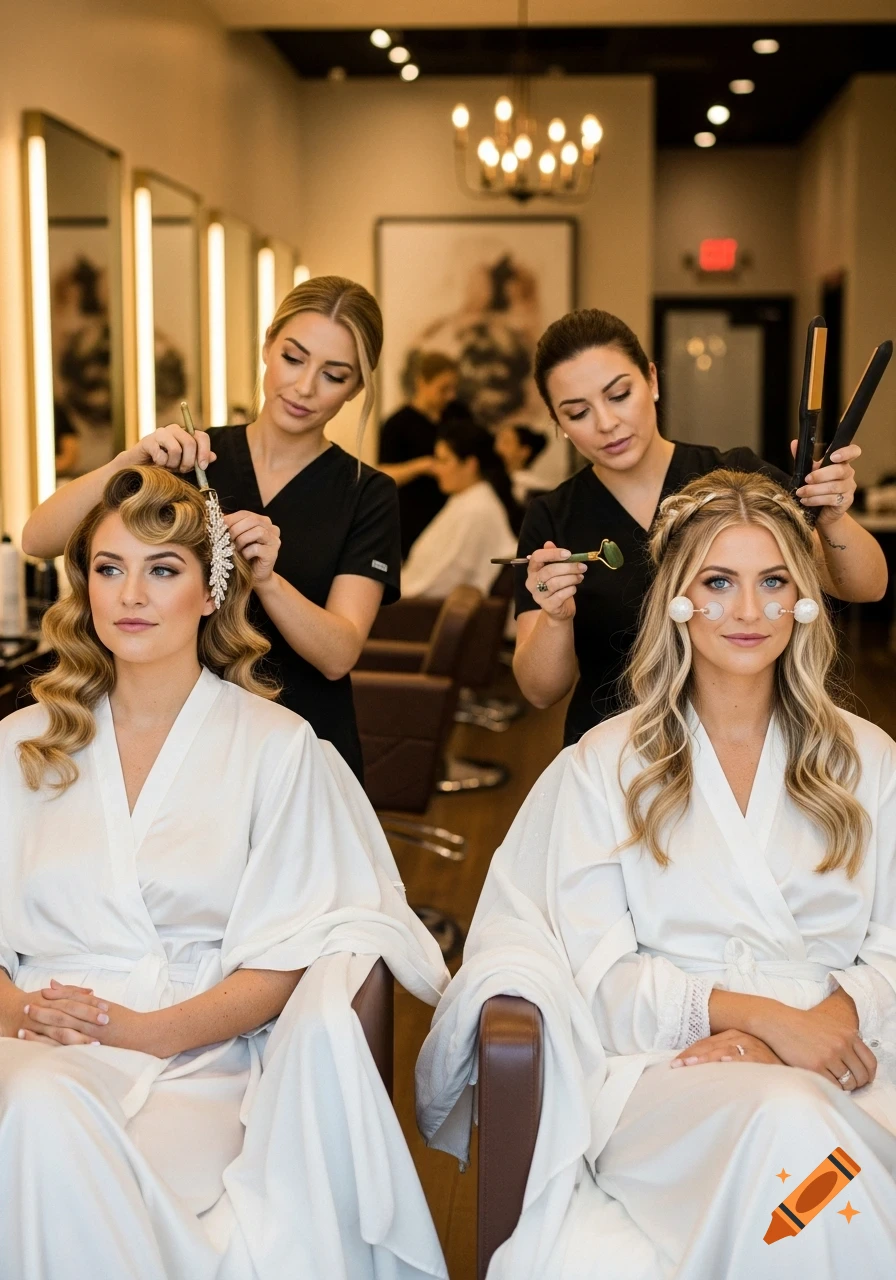 Two women in white robes getting their hair styled by professional stylists in a bright salon.