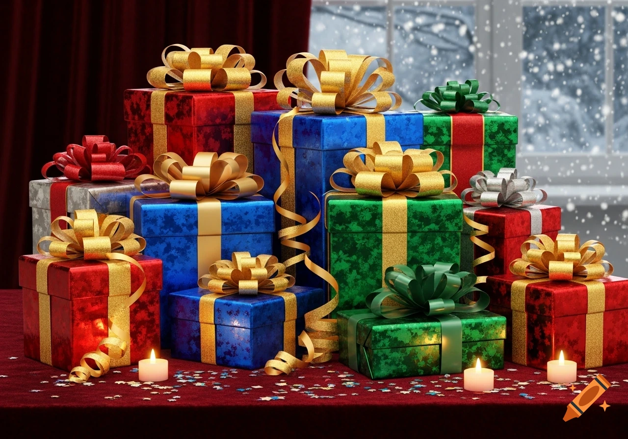 A festive stack of red, blue, and green gift boxes with gold and silver ribbons, next to lit candles, on a red tablecloth with confetti, against a snowy window.