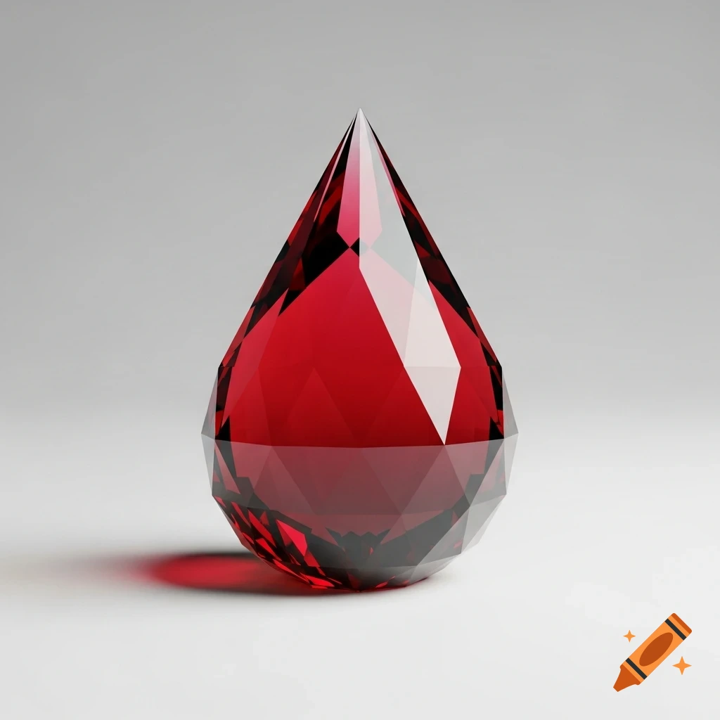 A red faceted teardrop-shaped gem stands on a white surface, casting a red shadow and reflecting light.