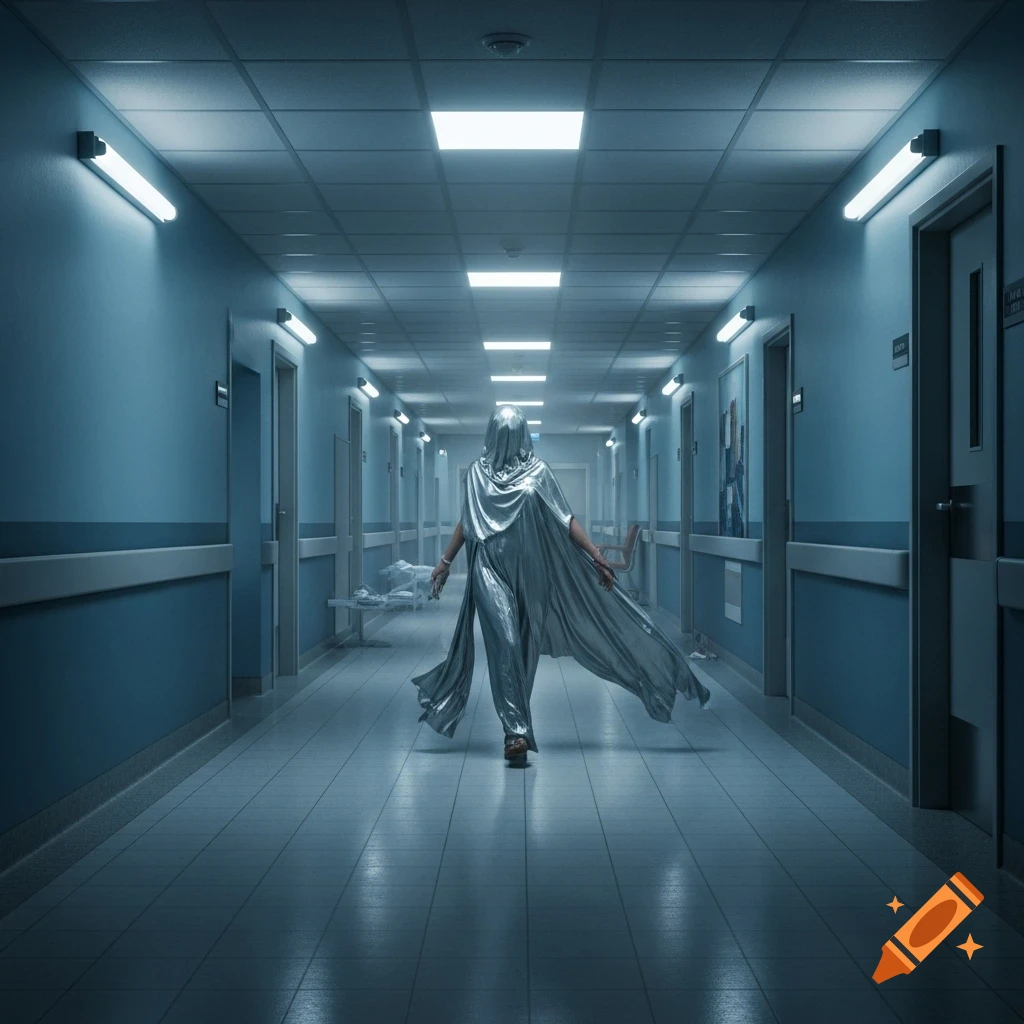 A mysterious figure in a flowing silver cloak walks down a long, dimly lit hospital corridor, its back to the viewer.
