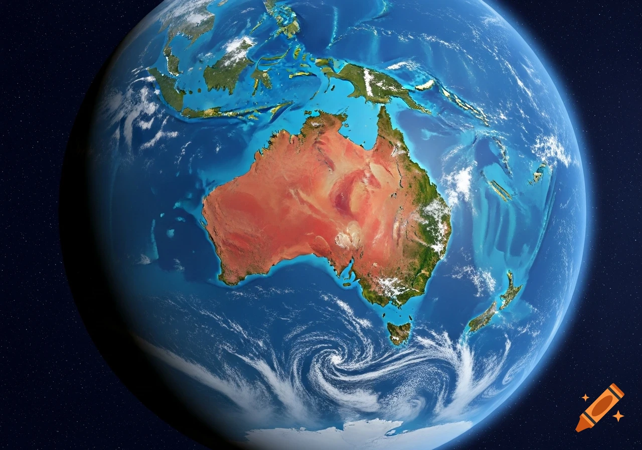 Detailed view of Earth from space, showing an enlarged Australia, surrounding continents, and blue oceans under a starry sky.