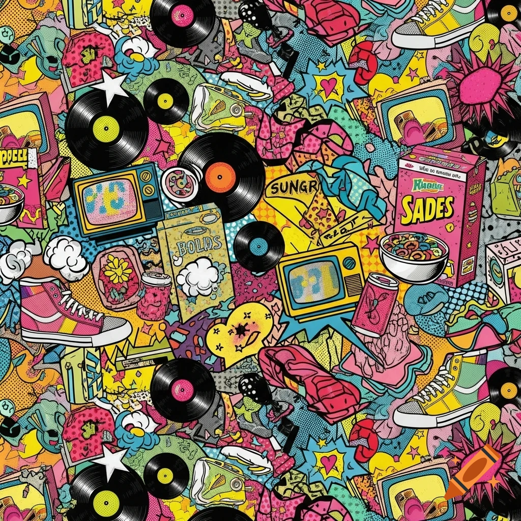 Vibrant pop art collage of everyday items like vinyl records, sneakers, CRT televisions, cereal boxes, and soda cans, rendered with comic book halftone dots.