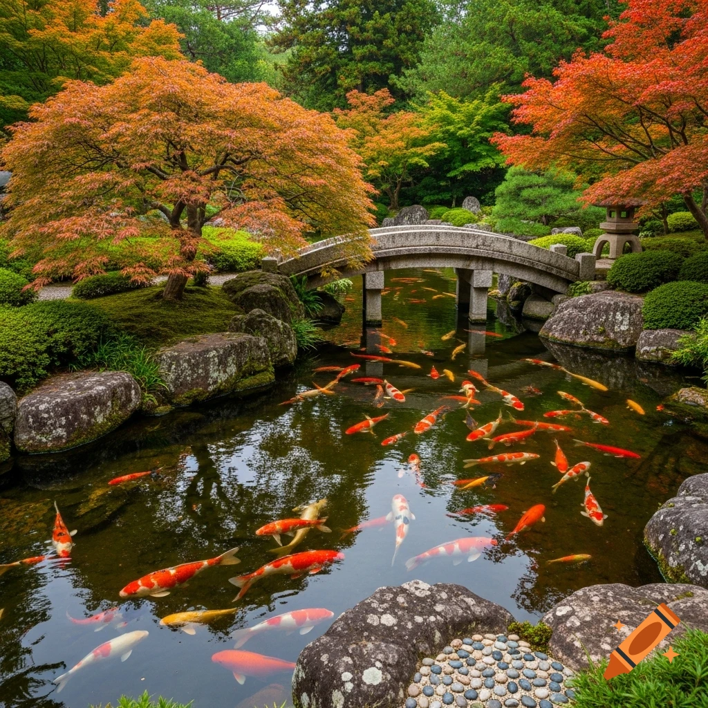 Photorealistic Japanese garden with a stone bridge over a pond full of colorful koi fish, surrounded by vibrant autumn trees.