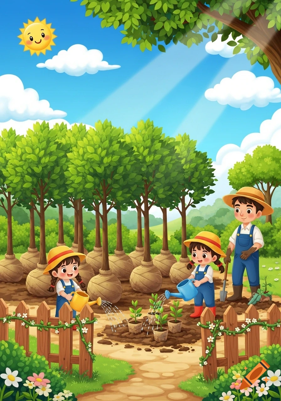 Cartoon illustration of a father and two children planting trees in a sunny nursery with many saplings.