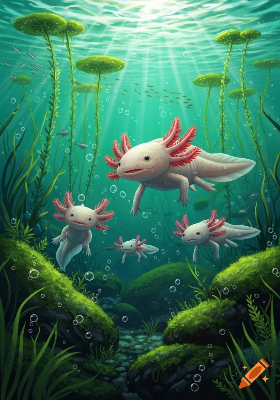 Illustrated axolotls swim in a vibrant green underwater scene with plants, fish, and light rays.