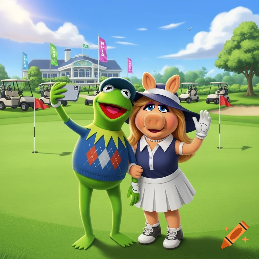 Kermit the Frog and Miss Piggy take a selfie on a bright green golf course with a clubhouse and golf carts in the background, in an animated style.