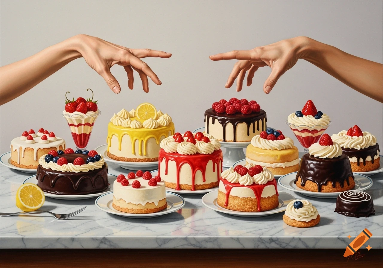 Two hands reach towards a table full of vibrant, hyperrealistic cakes and desserts, painted in a rich, detailed style.