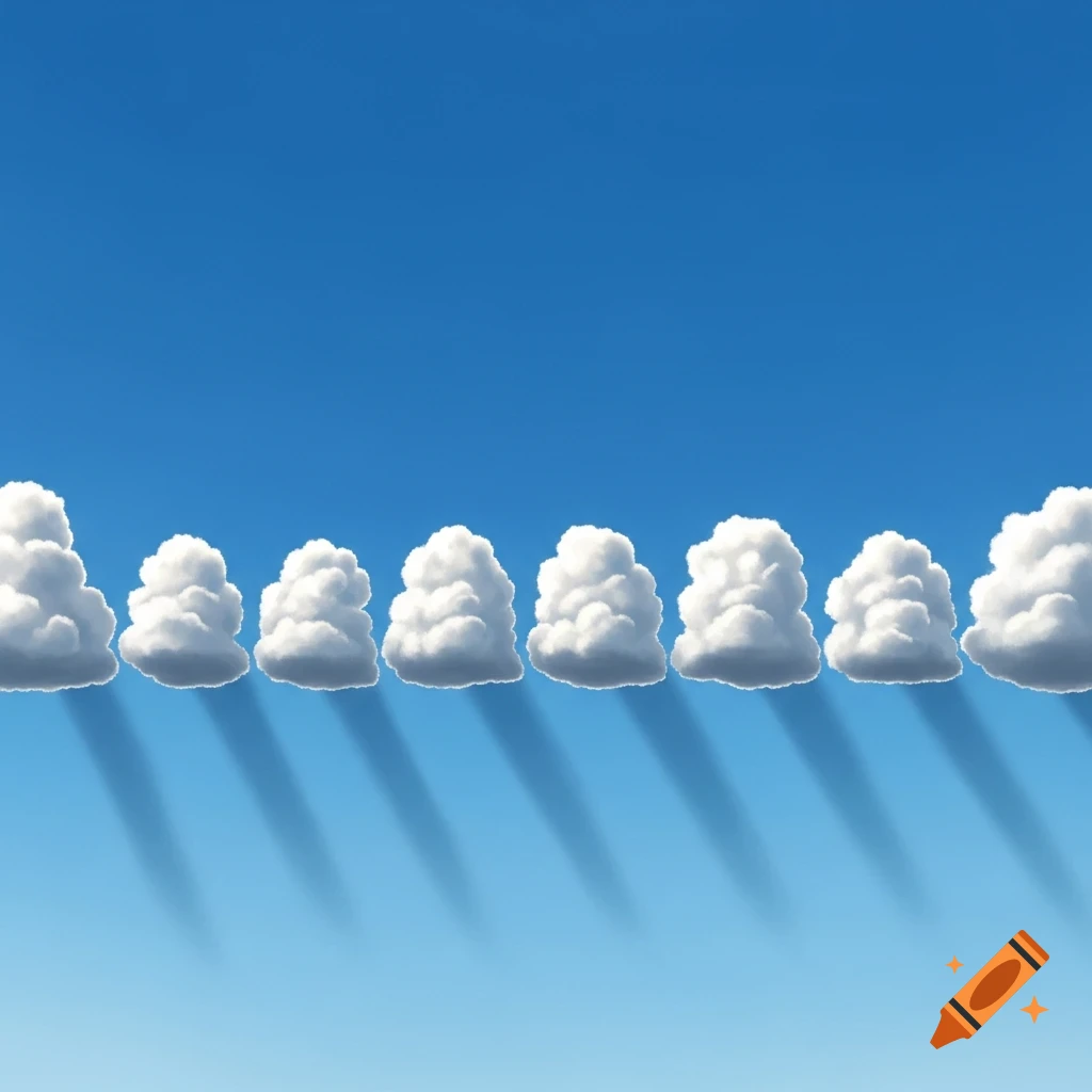 A clear blue sky with a horizontal line of stylized white clouds casting long shadows.