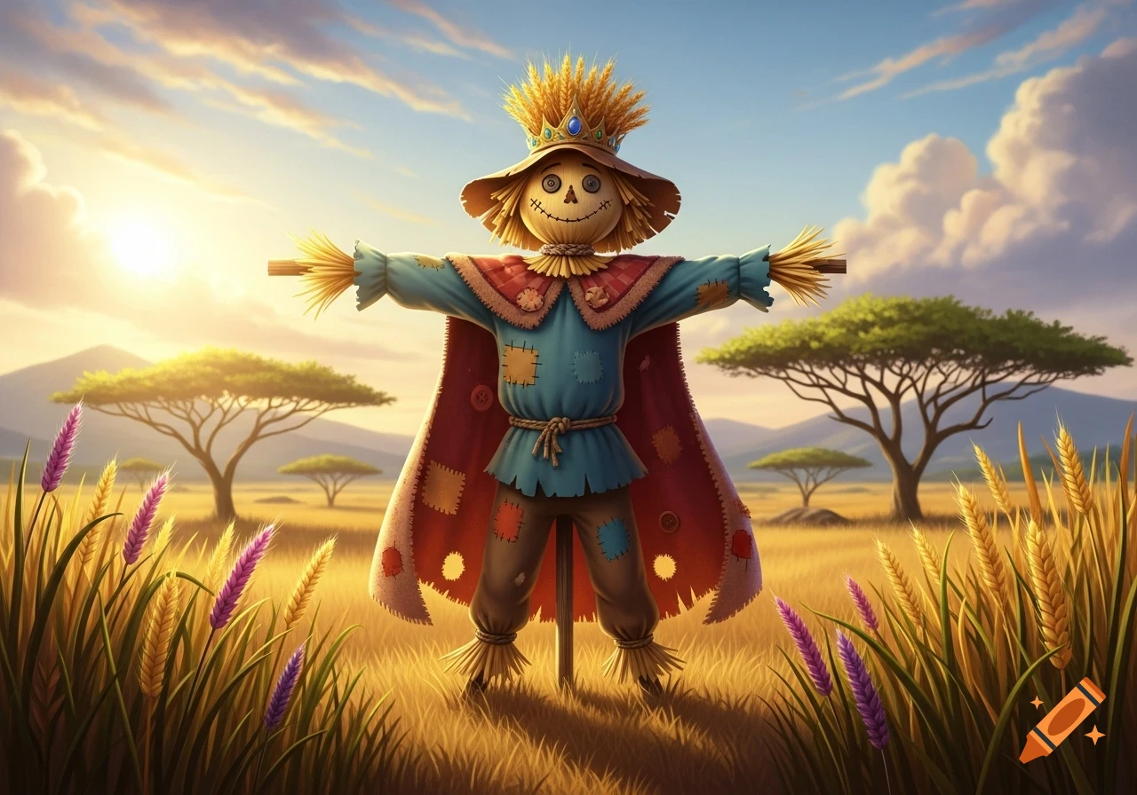 A cheerful scarecrow wearing a crown and patched clothes stands in a golden field under a blue sky with acacia trees.