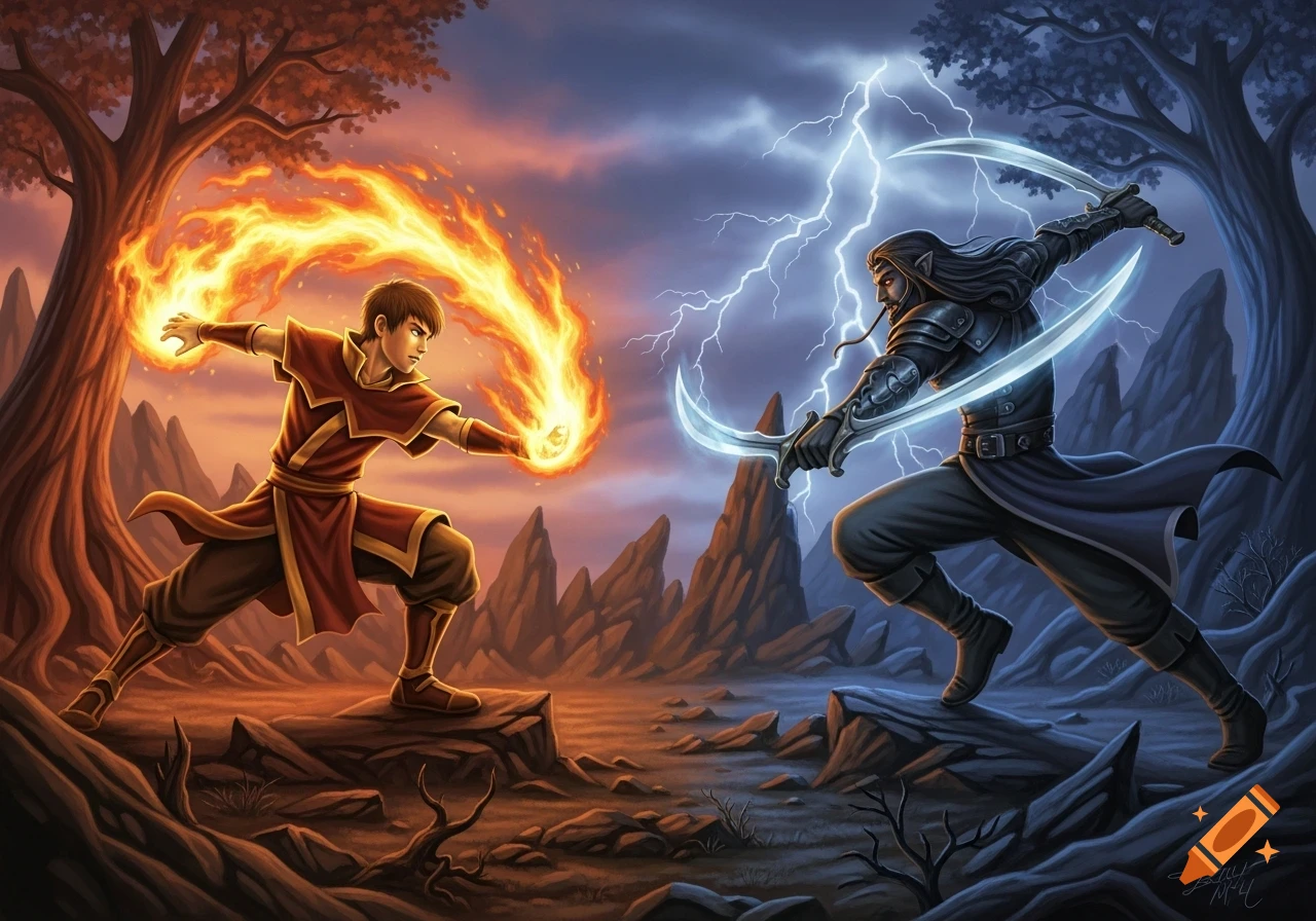 A fantasy illustration of Zuko wielding fire against Drizzt Do'Urden with glowing scimitars and lightning, in a rocky landscape.