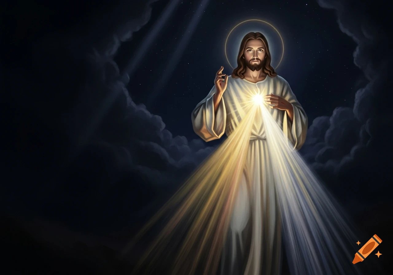 Illustrative depiction of Jesus Christ in a white robe with a halo, standing in a dark, starry sky with light beaming from his chest.